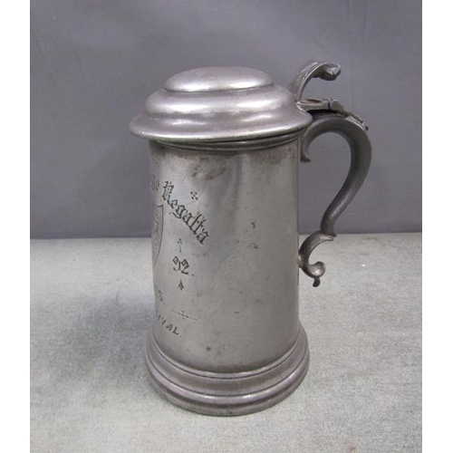 1335 - VICTORIAN TRINITY COLLEGE REGATTA PEWTER TANKARD, 16CM H