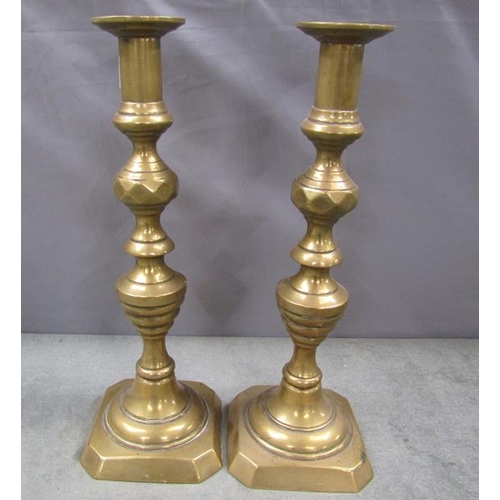 1341 - PAIR OF 19C BRASS CANDLESTICKS, 35CM H