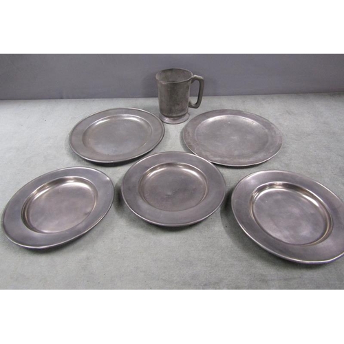 1346 - ANTIQUE PEWTER PLATES; TANKARD, 12CM H