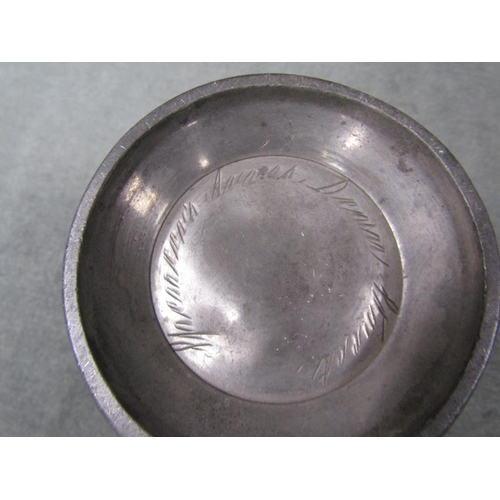 1346 - ANTIQUE PEWTER PLATES; TANKARD, 12CM H