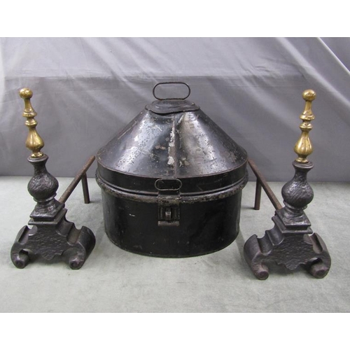 1359 - TOLEWARE HAT BOX; PAIR OF FIRE DOGS, 42CM H