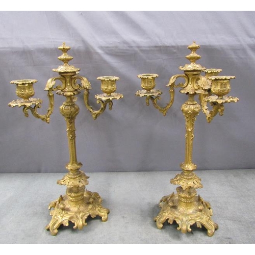 1368 - PAIR OF FRENCH ORMOLU THREE BRANCH CANDELABRA, 40CM H