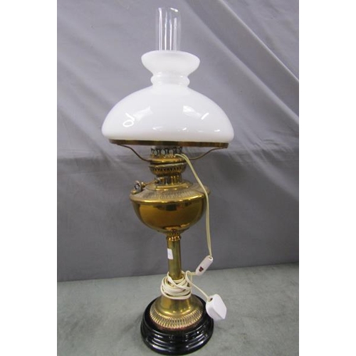 1369 - OIL LAMP CONVERTED TO ELECTRICITY WITH SHADE AND FUNNEL, 68CM H