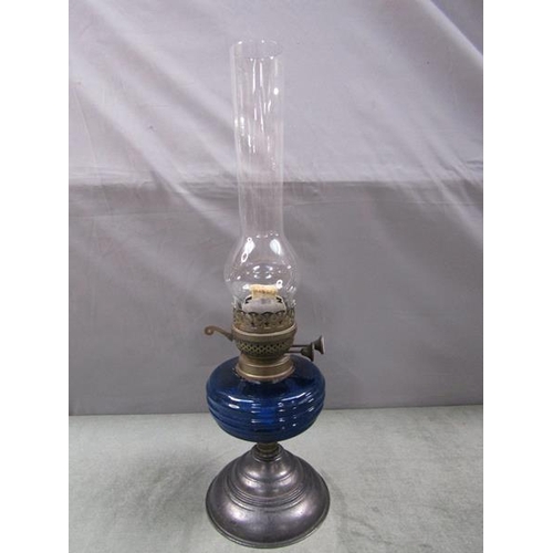 1379 - EARLY 20C OIL LAMP WITH BLUE GLASS FONT, 52CM H