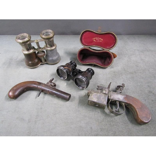 1396 - BOX TO INCL NOVELTY FLINTLOCK LIGHTERS AND JOCKEY CLUB BINOCULARS