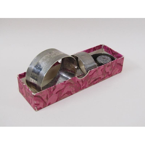 1457 - THREE NAPKIN RINGS; SMALL SILVER BOX