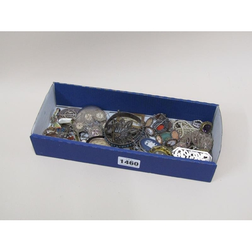 1460 - BOX OF SILVER AND OTHER COSTUME JEWELS TO INC. BANGLES, BROOCHES, COBWEB BRACELETS