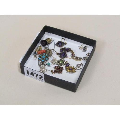 1472 - BOX OF STONE SET EARRINGS PLUS SEALS AND PENDANTS