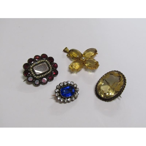 1477 - BOX ; GOLD BACKED MEMORIAL BROOCHES AND A YELLOW CITRINE PENDANT