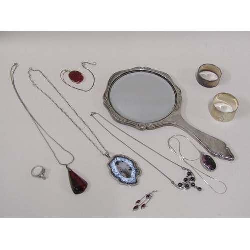 1478 - BOX; SILVER PENDANTS, CHAINS, NAPKIN RINGS, SILVER BACKED MIRROR