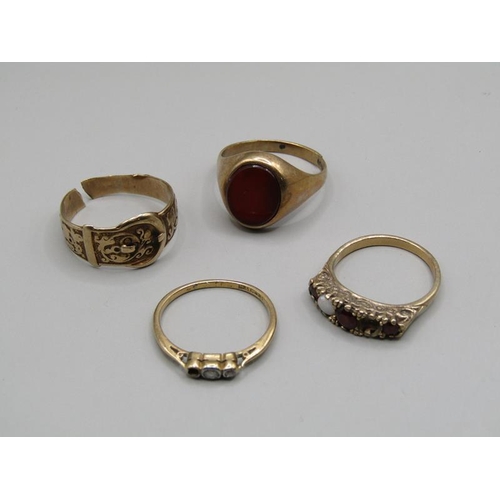 1490 - THREE 9ct GOLD RINGS (10g) AND ONE 18ct GOLD RING (1.7g)