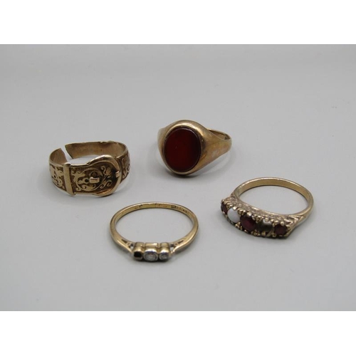 1490 - THREE 9ct GOLD RINGS (10g) AND ONE 18ct GOLD RING (1.7g)