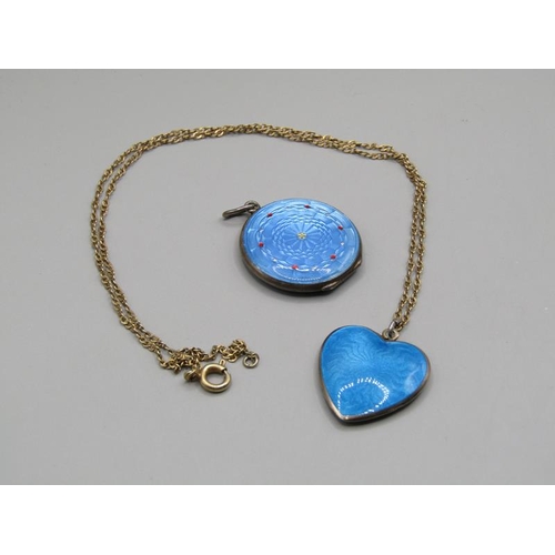 1492 - ENAMEL HEART SHAPED PENDANT AND CHAIN, SILVER AND ENAMEL LOCKET