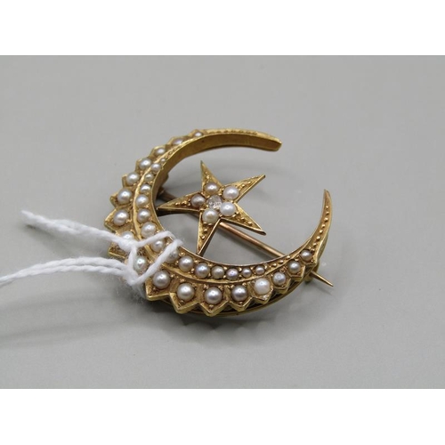 1494 - 18ct GOLD DIAMOND AND SEED PEARL CRESCENT BROOCH