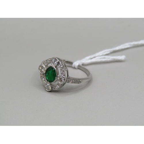 1522 - PLATINUM ART DECO STYLE EMERALD AND DIAMOND RING SIZE M