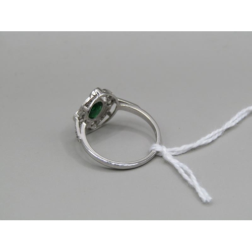 1522 - PLATINUM ART DECO STYLE EMERALD AND DIAMOND RING SIZE M