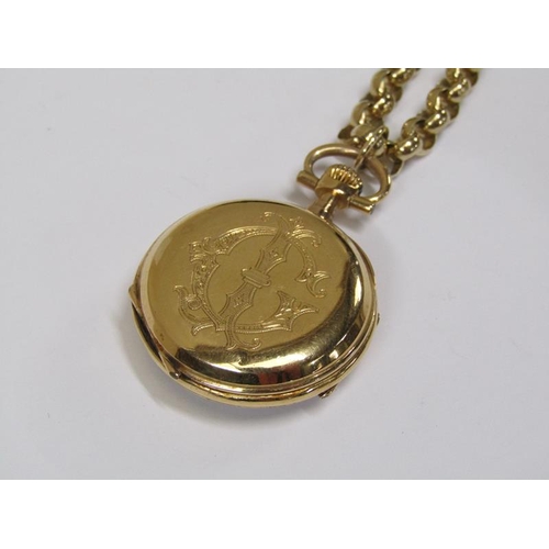 1529 - CONTINENTAL 18ct GOLD FOB WATCH AND A 9ct CHAIN - CHAIN 48.7g