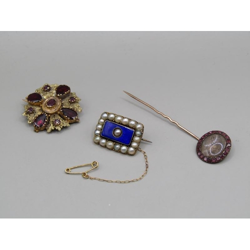 1534 - GOLD SEED PEARL AND ENAMEL BROOCH, GEORGIAN STONE SET BROOCH AND A GOLD MEMORIAL PIN