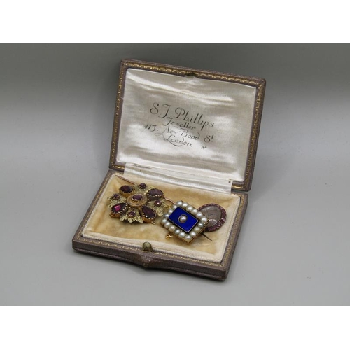 1534 - GOLD SEED PEARL AND ENAMEL BROOCH, GEORGIAN STONE SET BROOCH AND A GOLD MEMORIAL PIN