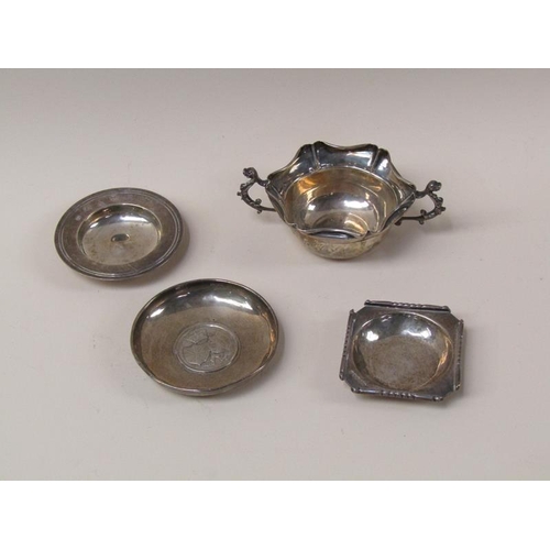 1599 - SILVER COIN DISH; TWO SILVER DISHES; SILVER TWO HANDLED BOWL, 6.8ozt TOTAL