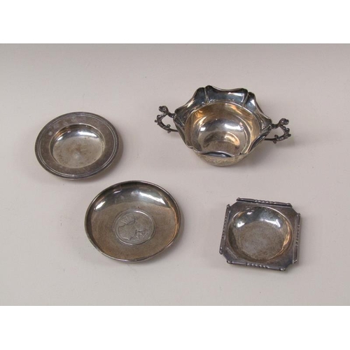 1599 - SILVER COIN DISH; TWO SILVER DISHES; SILVER TWO HANDLED BOWL, 6.8ozt TOTAL