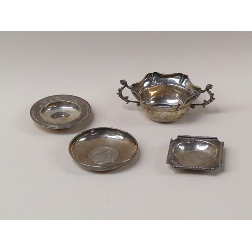 1599 - SILVER COIN DISH; TWO SILVER DISHES; SILVER TWO HANDLED BOWL, 6.8ozt TOTAL