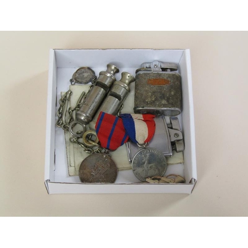 1606 - BOX OF POLICE WHISTLES, MEDALS, LIGHTERS ETC.