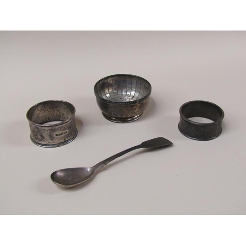 1608 - TWO SILVER NAPKIN RINGS, SILVER SPOON, BOWL