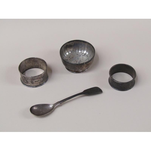 1608 - TWO SILVER NAPKIN RINGS, SILVER SPOON, BOWL