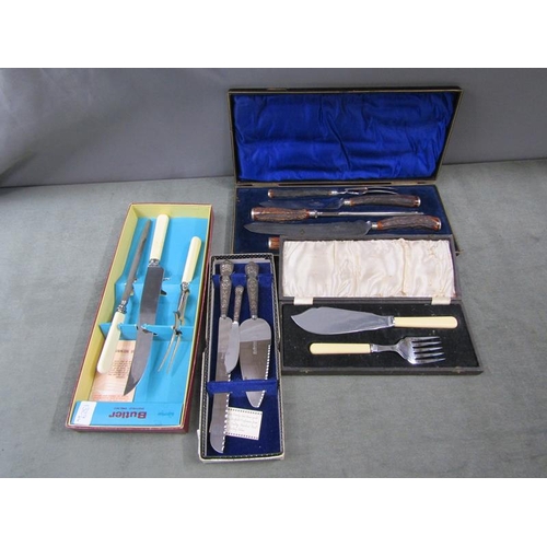 1724 - BOXED CARVING SET PLUS TWO OTHERS AND SILVER HANDLED CAKE KNIVES