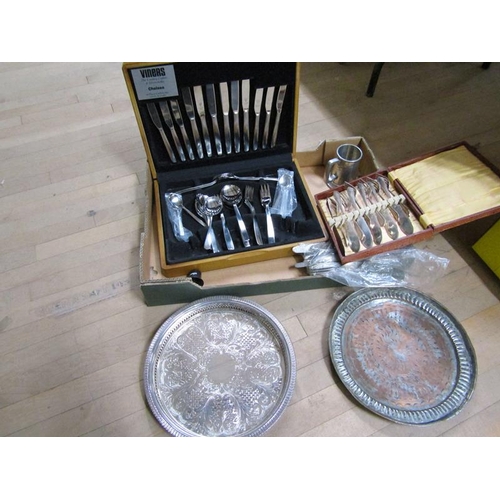 1755 - BOX OF SILVER PLATE TO INC. PLATED TRAYS, CUTLERY ETC.