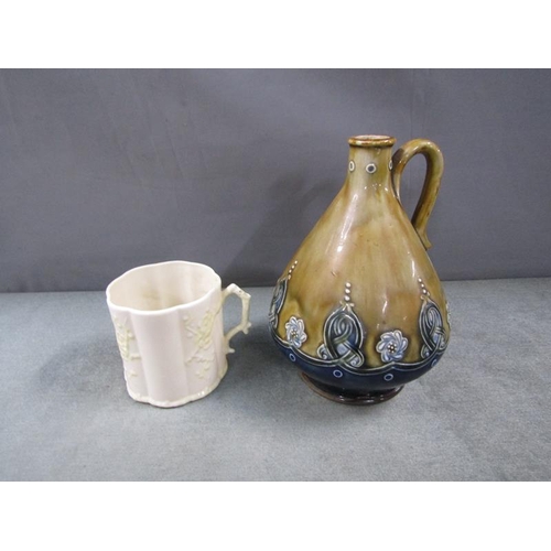 1772 - DOULTON LAMBETH FLASK 18cms H TOGETHER WITH A BELEEK MUG