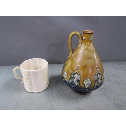 1772 - DOULTON LAMBETH FLASK 18cms H TOGETHER WITH A BELEEK MUG