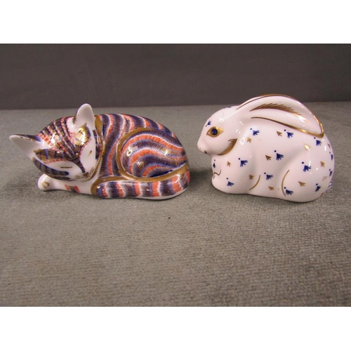 1782 - TWO CROWN DERBY PAPERWEIGHTS - KITTEN AND RABBIT, LARGEST 5cms H