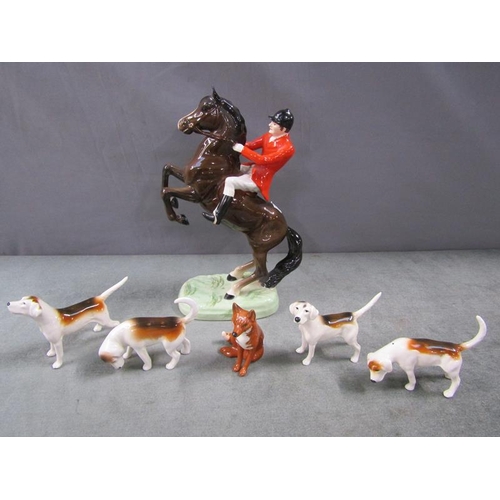 1786 - BESWICK HUNTING GROUP MOUNTED HUNTSMAN, FOUR FOXHOUNDS AND A FOX - HORSE 26cms H