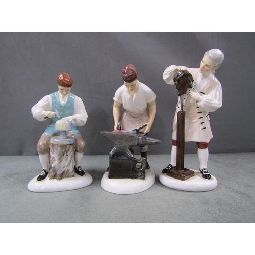 1810 - THREE DOULTON FIGURES - WIG MAKER, SILVERSMITH AND BLACKSMITH, LARGEST 16cms H