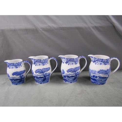 1826 - FOUR SPODE ITALIAN PATTERN JUGS, LARGEST 20cms H