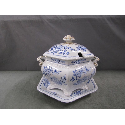 1830 - JWR STONE CHINA TRANSFER PRINTED TUREEN, COVER  (29cms h) AND STAND