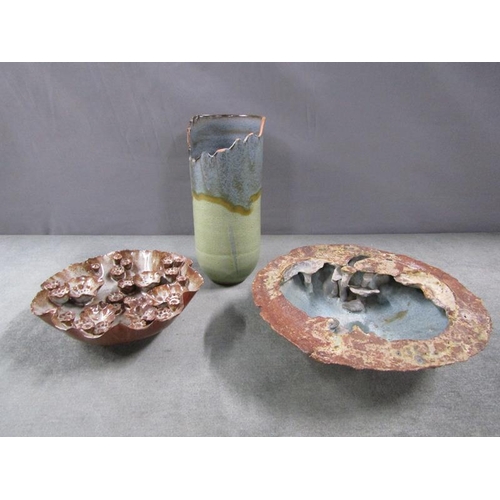 1849 - TWO STUDIO POTTERY DISHES AND ONE VASE - 23cms H