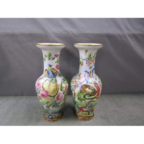 1853 - PAIR OF 19c CONTINENTAL HAND PAINTED VASES OF BALUSTER FORM, DECORATED WITH SNAKES, BIRDS AND FLOWER... 