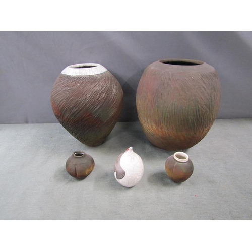 1858 - QTY OF STUDIO POTTERY RAKU FIRED VASES AND VESSELS, LARGEST 24cms H