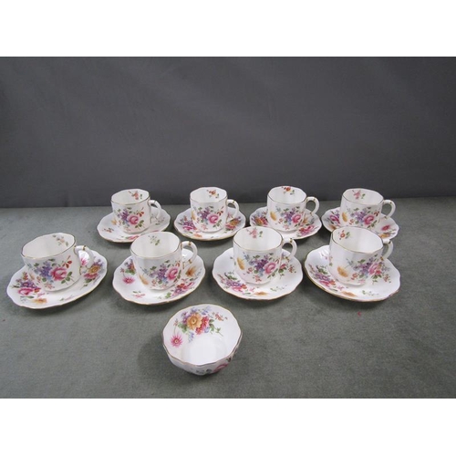 1863 - DERBY POSIES TEA CUPS, SAUCERS AND ONE SUGAR BOWL - CUPS 6cms H