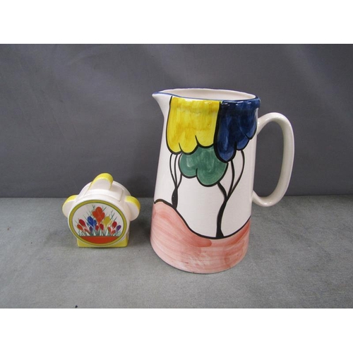 1866 - LARGE CLARICE CLIFF STYLE JUG AND MOORLAND POTTERY CROCUS POT, JUG 23cms H