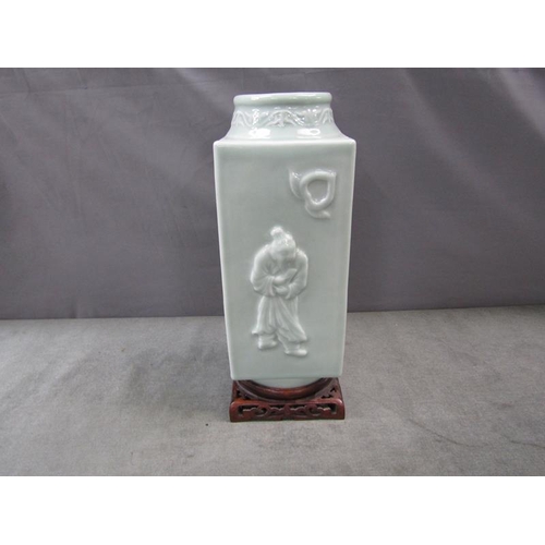 1872 - ORIENTAL CELADON GLAZED VASE ON STAND - VASE 26cms H