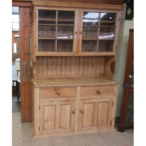 1890 - PINE TWO DRAWER DRESSER WITH GLAZED CUPBOARD OVER, 148CM W, 122CM H