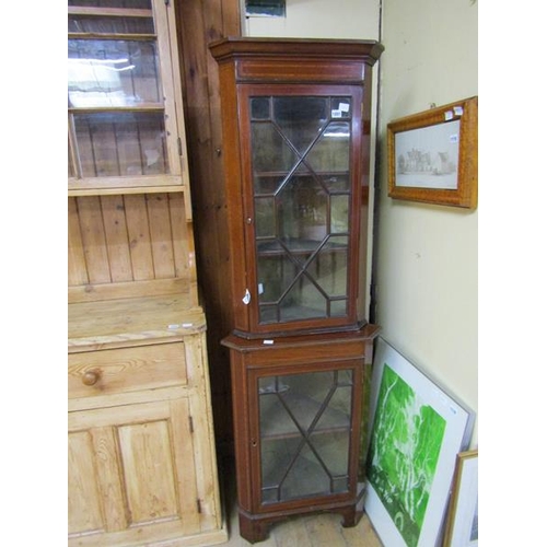 1891 - 19C INLAID MAHOGANY GLAZED STANDING TWO TIER CORNER CUPBOARD, 61CM W, 181CM H