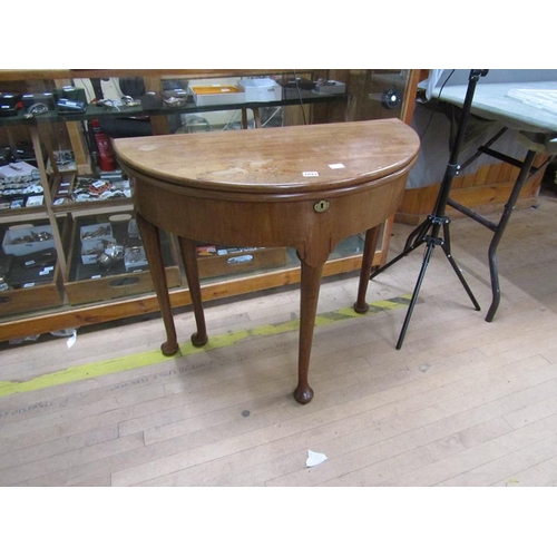 1893 - GEORGE III MAHOGANY FOLD OVER DEMI LUNE TABLE ON STRAIGHT TAPERING LEGS WITH PAD FEET, 84CM W, 73CM ... 