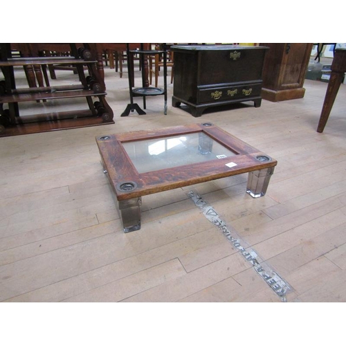 1895 - UNUSUAL GLASS TOP GLASS LEGGED LOW TABLE, 42CM W, 158CM H