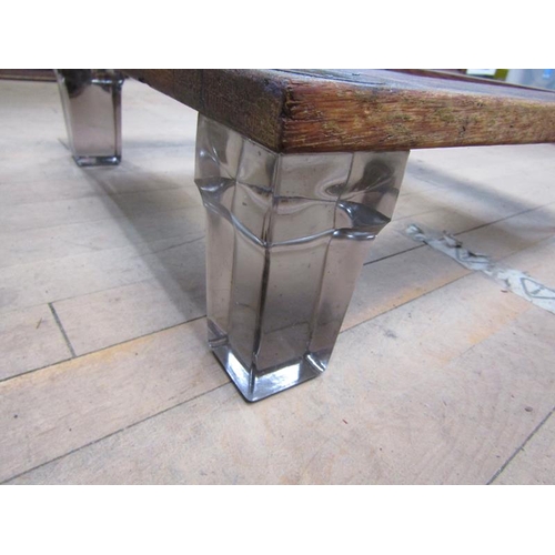 1895 - UNUSUAL GLASS TOP GLASS LEGGED LOW TABLE, 42CM W, 158CM H