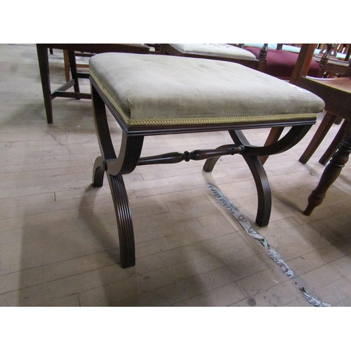 1904 - UPHOLSTERED X FRAME MAHOGANY STOOL, 54CM W